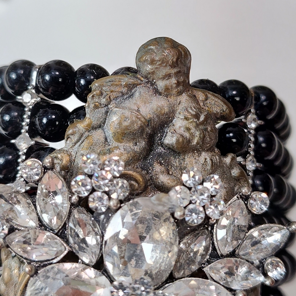Upcycled Hand Crafted Extra Wide Black Bead Rhinestone Brass Cherub Bracelet - Picture 4 of 13